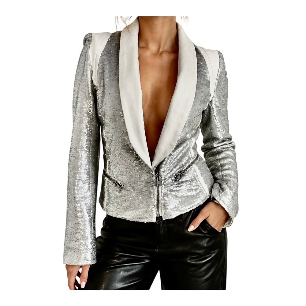 IRO Paris Hadley Cream Lambskin Leather Silver Sequined Moto Jacket Blazer Glam